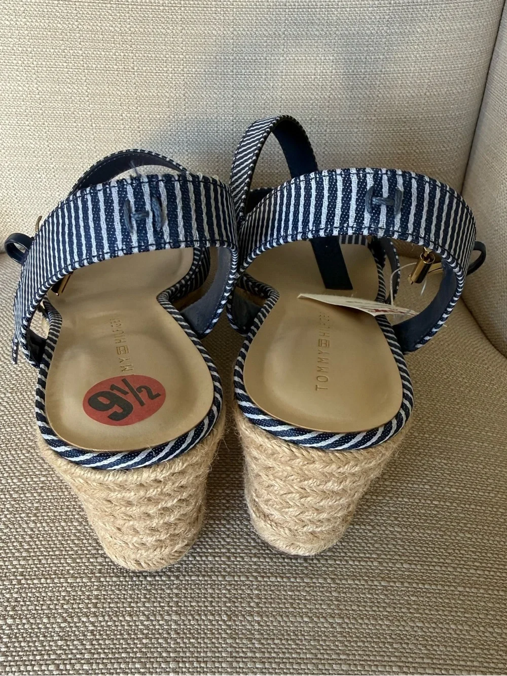 Tommy Hilfiger Striped Espadrille Wedge Sandals Navy White Size 9.5, NWT